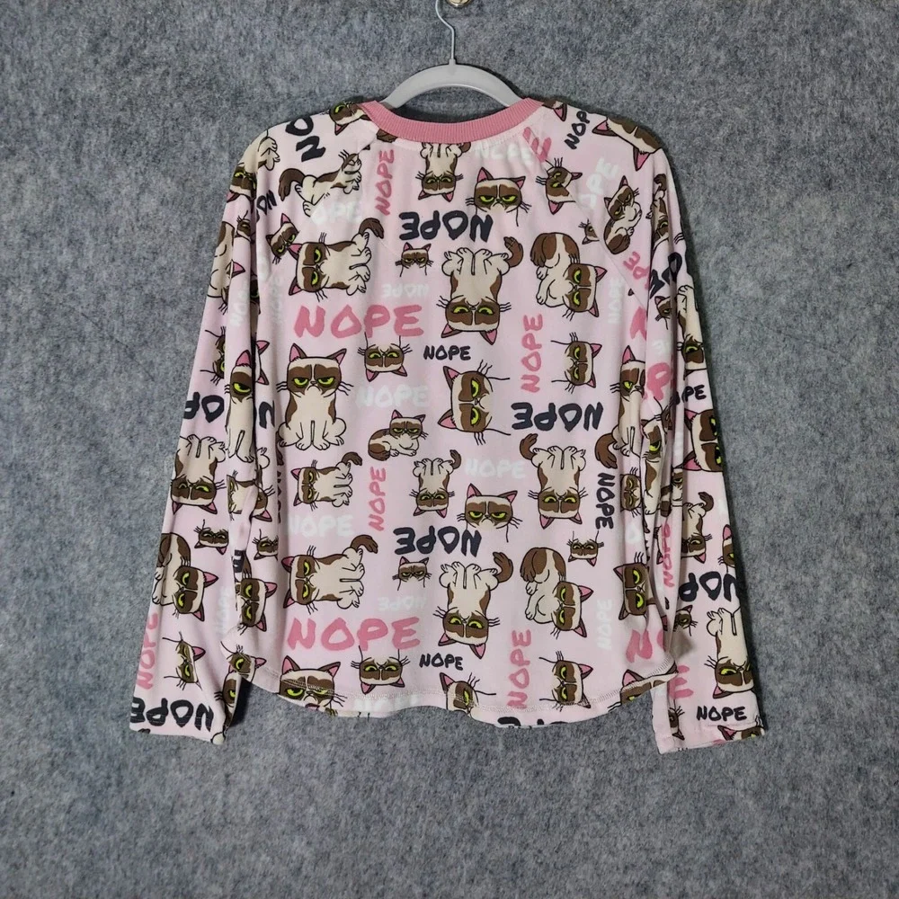 Grumpy Cat Pink Crystal Nope‎ Fleece Pajama Top Small S 4-6 Henley Long Sleeve